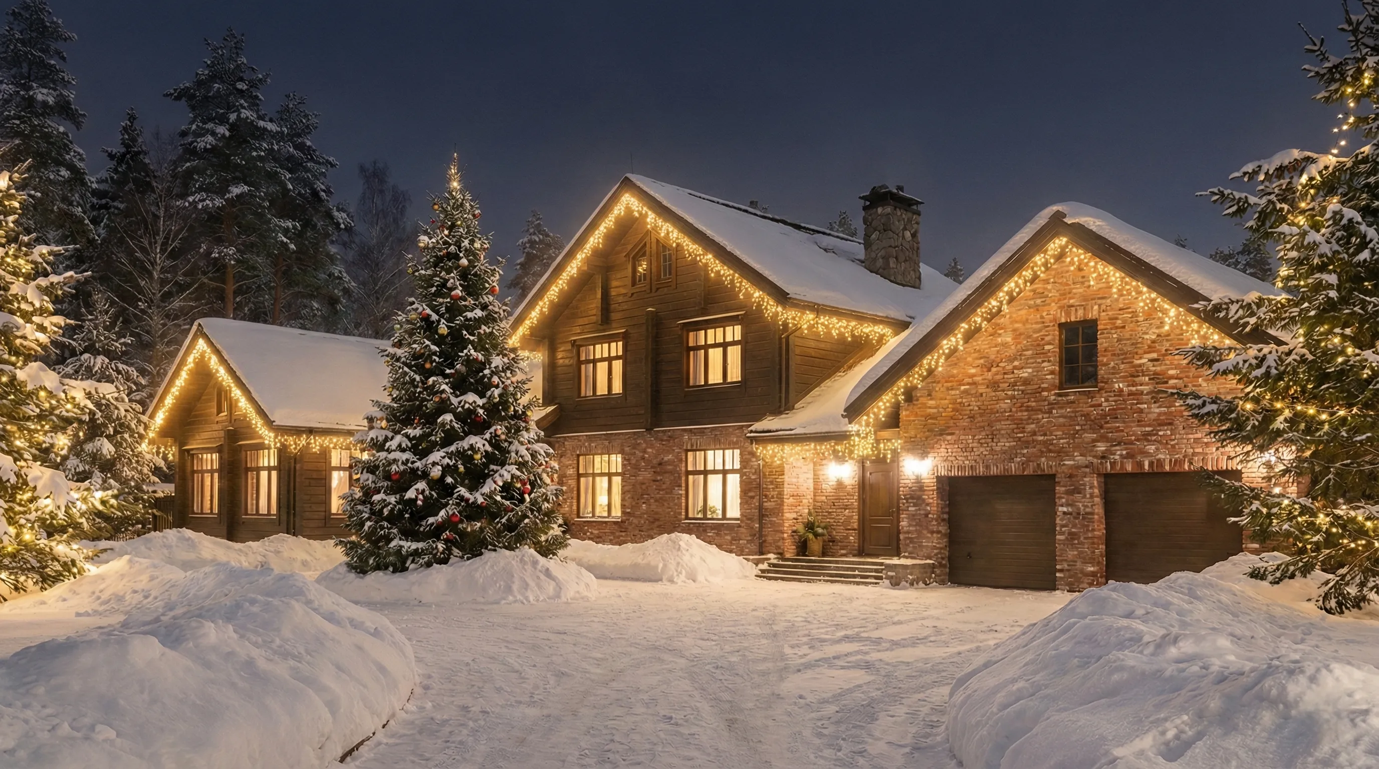 Luxury modern house with landscape lighting at winter twilight